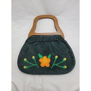 Vintage Holiday Fair Green Canvas Bag Purse Floral Embroidery Wood Handles